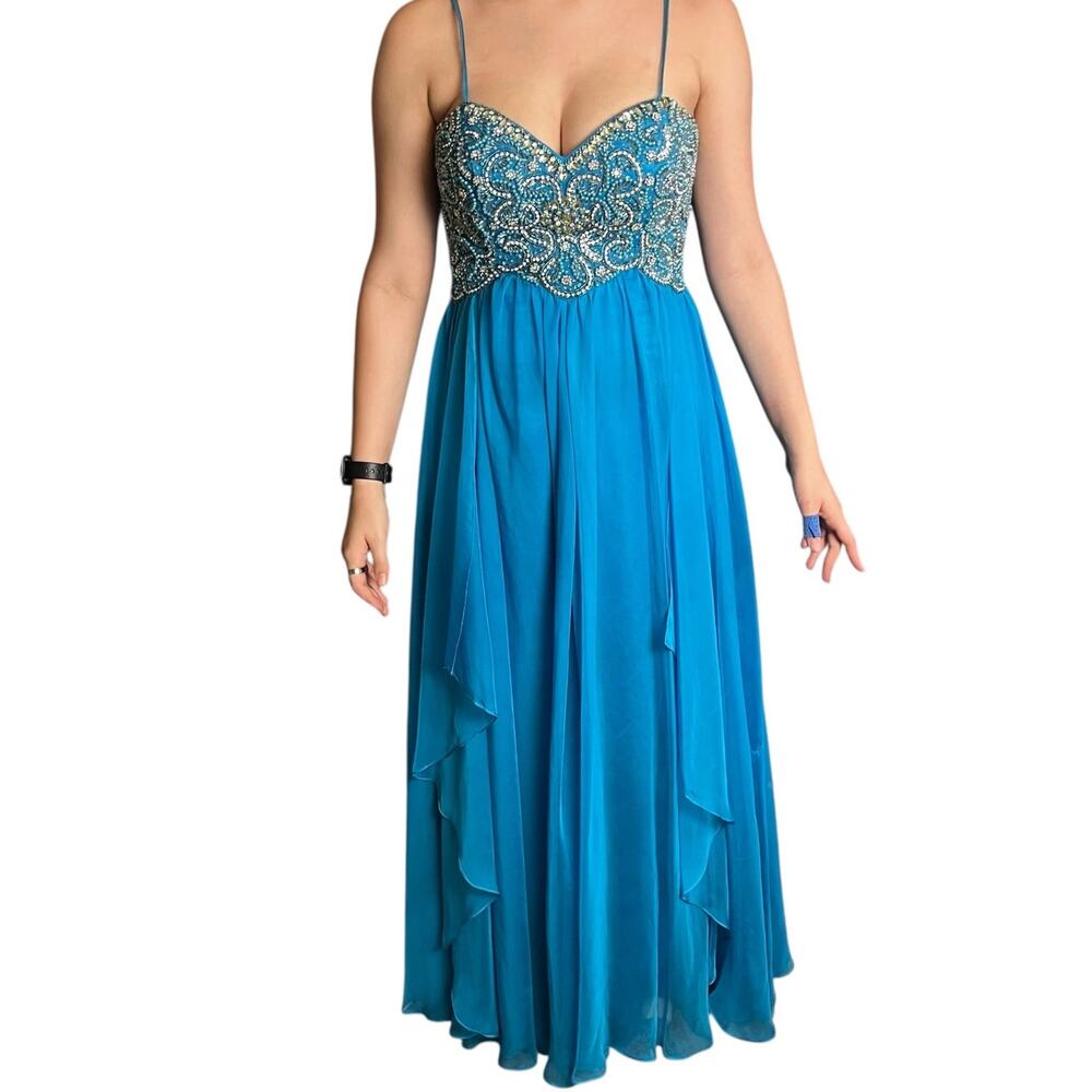 Dave & Johnny Cobalt Turquoise Beaded Rhinestone Flowy Gown 3/4 Prom Ball